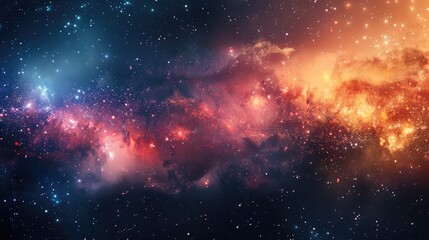 A vibrant nebula with swirling colors of red, orange, and blue, set against a backdrop of twinkling stars.