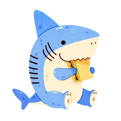 Cute cartoon  WATERCOLOR shark illustration transparent PNG.