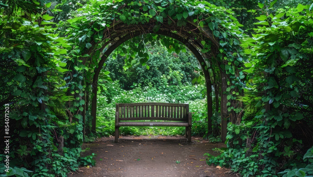 Poster a path with a bench in the middle of it. generate ai image