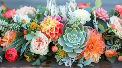 A vibrant floral arrangement featuring a mix of colorful flowers, including dahlias, roses, and succulents, arranged on a wooden surface.