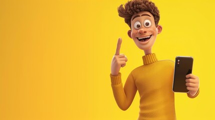 An excited animated character pointing at a sleek smartphone on a yellow background.