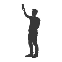 silhouette man taking selfie photo on smartphone with poses black color only