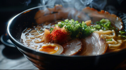 A steaming bowl of ramen with rich broth, tender noodles, sliced pork, and vibrant vegetables, served in a deep black bowl.