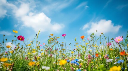 Colorful spring flower meadow with lots of wildflowers against a blue sky © AlfaSmart