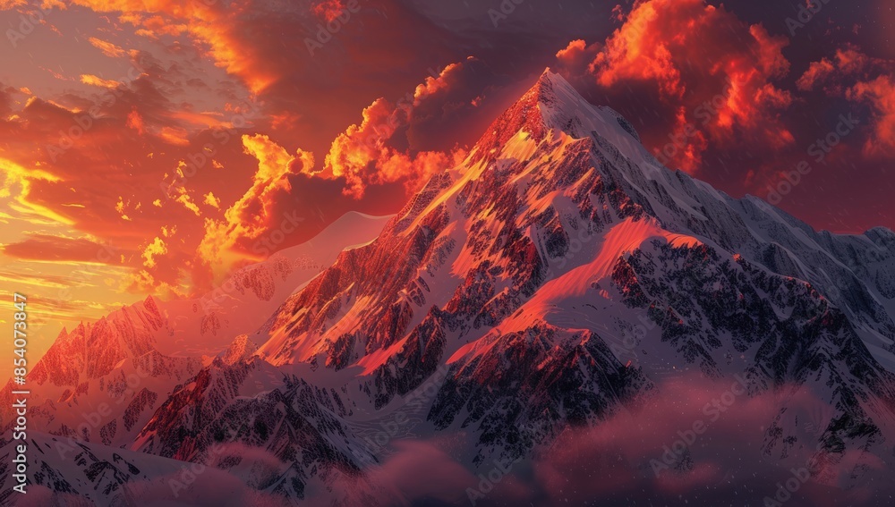 Poster a mountain range with a sunset in the background. generate ai image