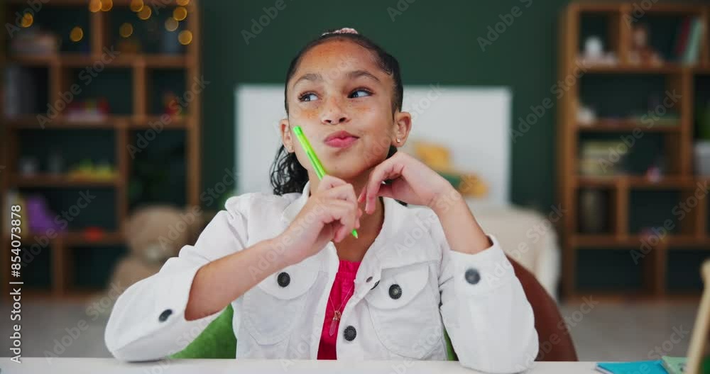 Poster face, child or girl thinking in home for education, homework and learning with smile. studying kid, 