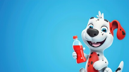 Naklejka premium A cheerful cartoon dog holding a soda bottle with a bright blue background.