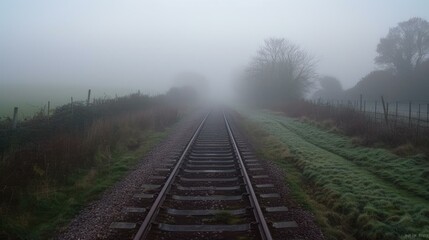 Fototapeta premium Railroad tracks stretch ahead through a foggy landscape. Grass and bushes line the sides. Trees are visible in the background.