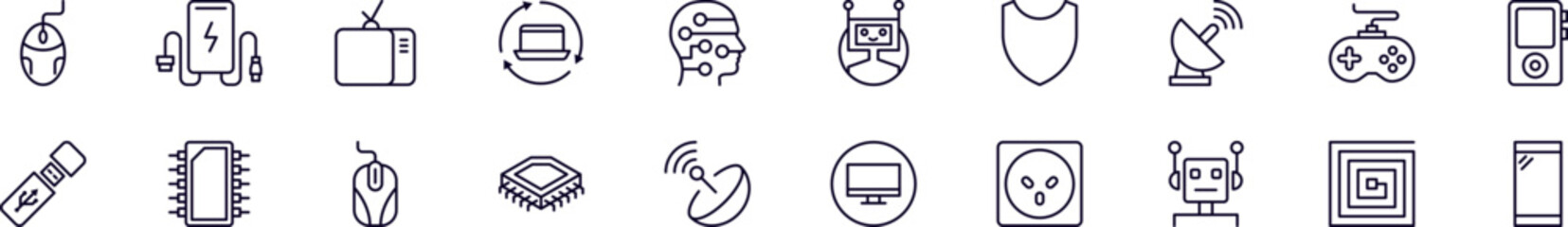 Electronics linear symbols pack. Outline symbol and editable stroke for apps, stores, shops, infographics
