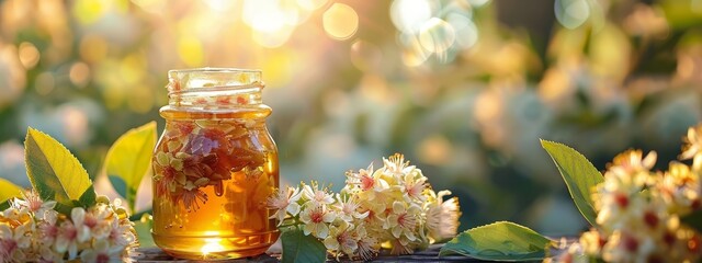  A jar of honey sits atop a wooden table, surrounded by a bouquet of white and yellow flowers