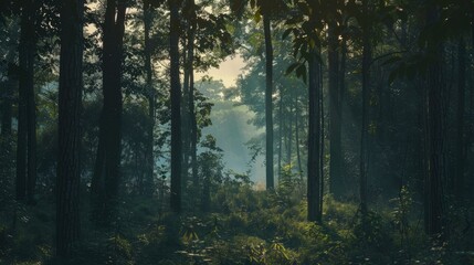 Obraz premium Tall trees stand close together in a forest with sunlight filtering through leaves. Green plants cover the ground, and there is a misty atmosphere.