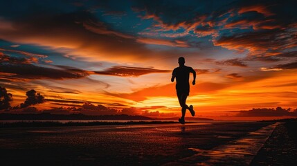 A person runs along a path against a colorful sunset sky with orange and red clouds. The horizon has dark silhouettes of distant land.
