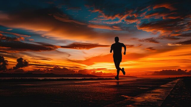 A person runs along a path against a colorful sunset sky with orange and red clouds. The horizon has dark silhouettes of distant land.