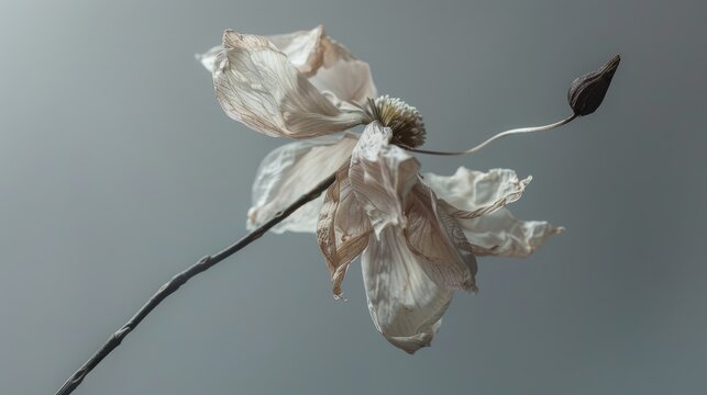 A withered flower displaying a slender stalk and pale petals