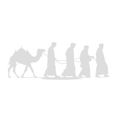 silhouette muslim men walking leading tied camels black color only