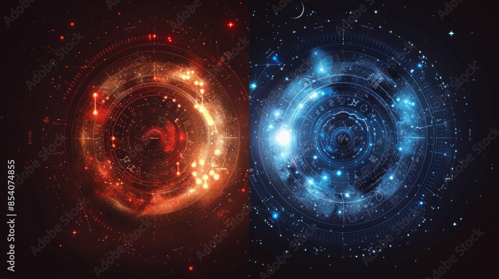 Poster a digital artwork depicting a red and blue mandala, with stars and other celestial objects in the ba