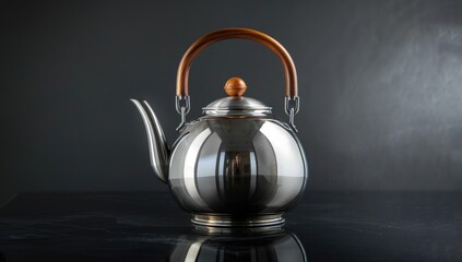 A silver tea kettle sits on a dark countertop. Generate AI image