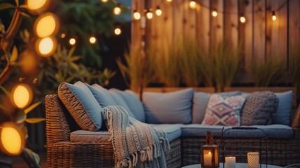 Obraz premium Stylish outdoor furniture on a terrace, cozy corner with light bulbs and cushions