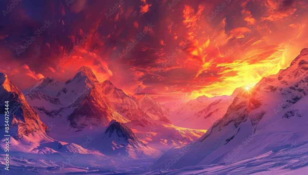 Poster a mountain range with a sunset in the background. generate ai image