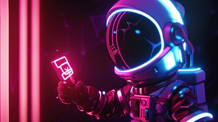 A friendly animated character holding a glowing neon sign on a black background.