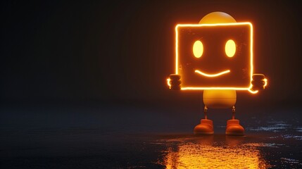 A friendly animated character holding a glowing neon sign on a black background.