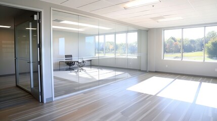 An empty office space with a partially open glass door