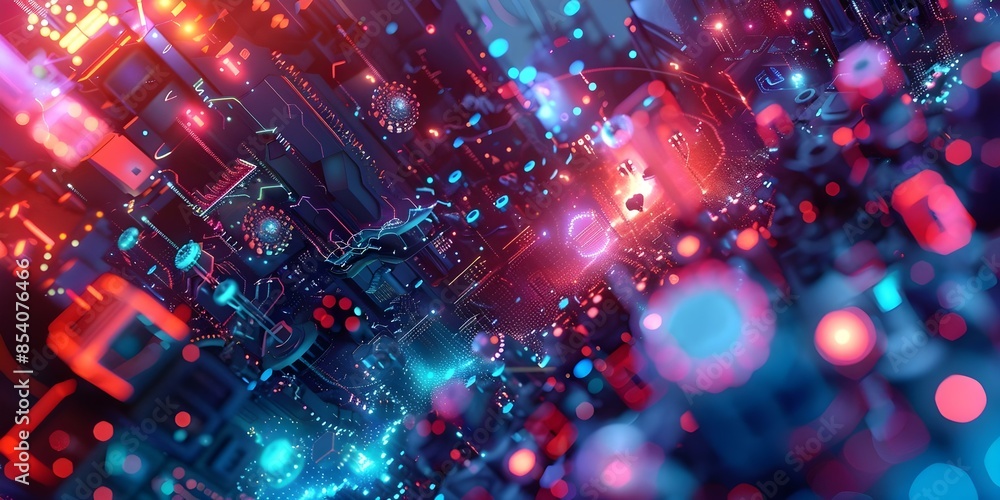 Poster discovering paths abstract technology background with bits, bytes, electrons, and photons. concept t