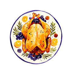 Roast turkey or chicken on plate, traditional holiday dinner watercolor transparent illustration. Simple cartoon style isolated drawing.