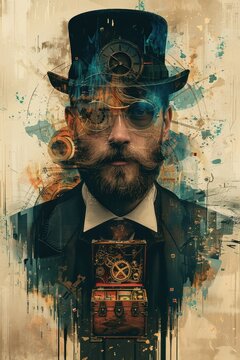 Antique portrait of a gentleman with a clockwork chest, minimal surreal illustration