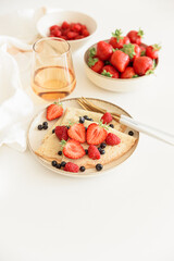 French homemade pancake crepes. Summer breakfast. Copy space