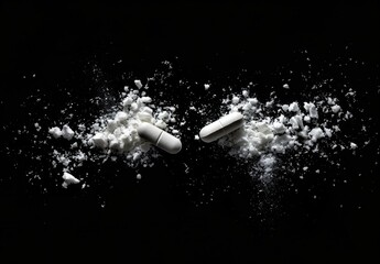 Aerial View of White Powder and Broken Pill on Black Background