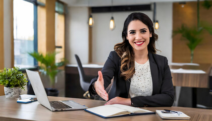 Young executive woman behind a table greets by hands
