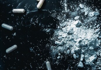 Aerial View of White Powder and Broken Pill on Black Background