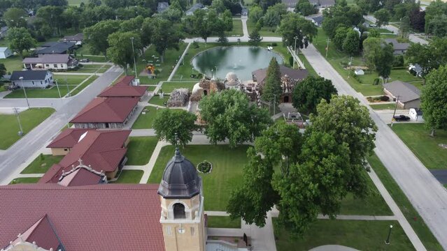 Drone view above The Shrine of the Grotto of the Redemption in West Bend, Iowa
