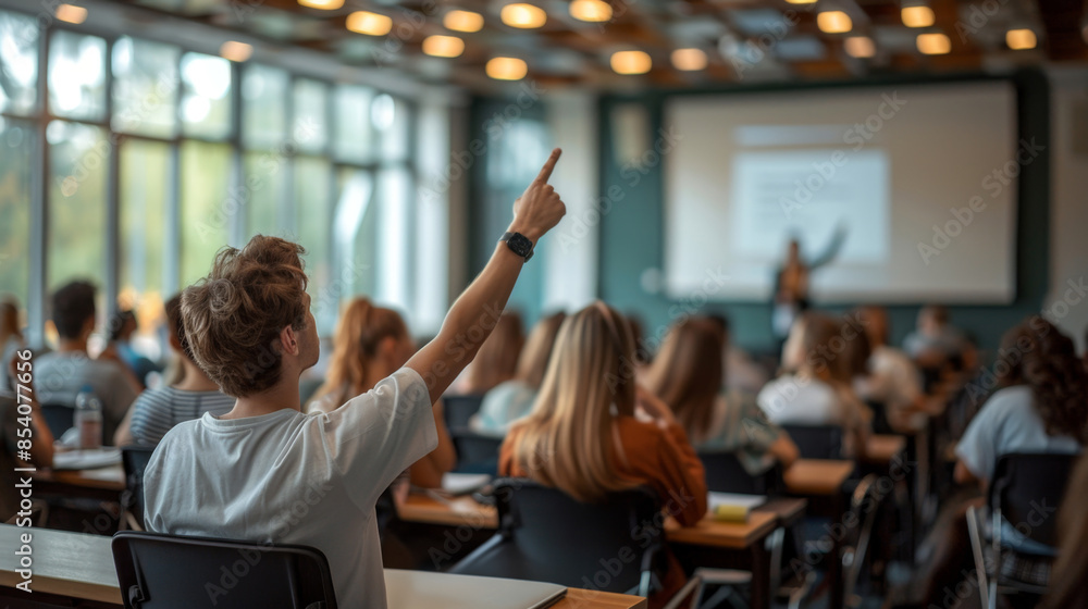 Aufkleber A student raises his hand to ask a question during a lecture in a classroom setting.