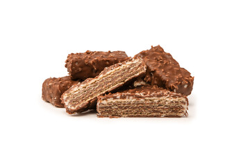 Chocolate coconut wafer bar isolated on white background.