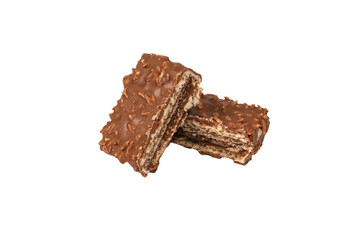 Chocolate coconut wafer bar isolated on white background.