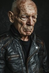 Obraz premium Elderly man's detailed close-up in a bespoke leather jacket, radiating cool and contemporary vibes in the studio