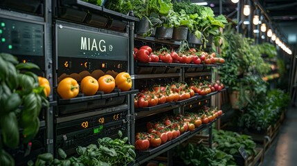 A view of a vertical farm featuring a variety of crops, including tomatoes, growing on shelves inside a modern structure.
