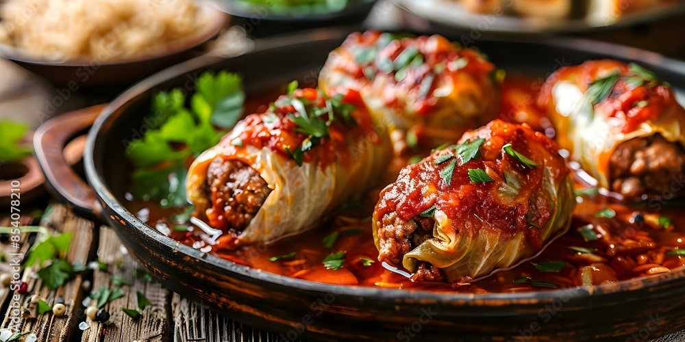 Wall mural Classic Dish Cabbage Rolls with Ground Meat, Rice, and Tomato Sauce. Concept Stuffed Cabbage Rolls, Ground Meat, Rice, Tomato Sauce, Classic Dish - Wall murals