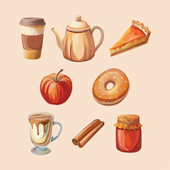 Set of different autumn food and drink in hand drawn style