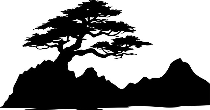 A black vector silhouette of a tree on top of a cliff