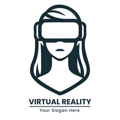 Simple and modern woman logo with VR headset, suitable for tech and entertainment brands