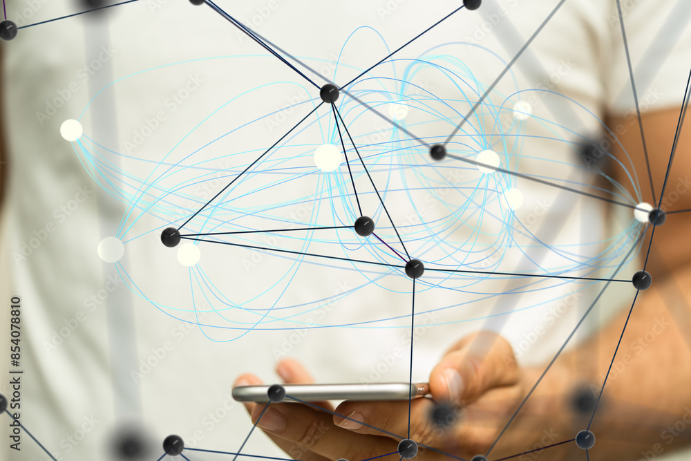 Poster Global network. Blockchain. 3D illustration. Neural networks and artificial intelligence. Abstract