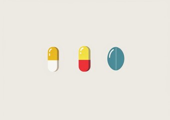 Fototapeta premium A simple flat illustration of three pills: one red and yellow pill, another blue circular pill, and a light green oval-shaped capsule on a white background.
