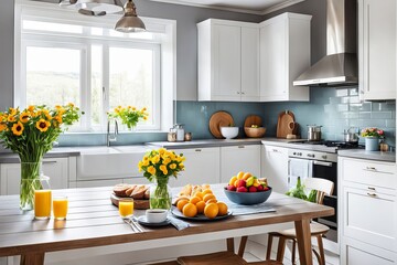Warm kitchen atmosphere with morning breakfast setup and fresh flowers.