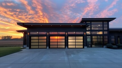 The garage doors of a house at sunset, reflecting warm hues of the setting sun.