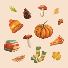 Hand drawn autumn elements collection pumpkin socks books leaves pie mushrooms