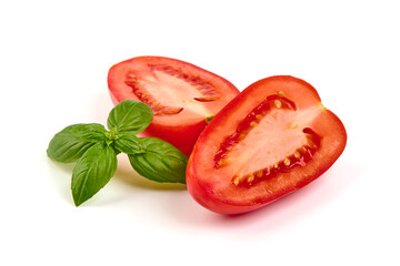 Ripe fresh tomatoes, close-up, isolated on white background.