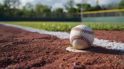 Clean white baseball and base on a baseball field